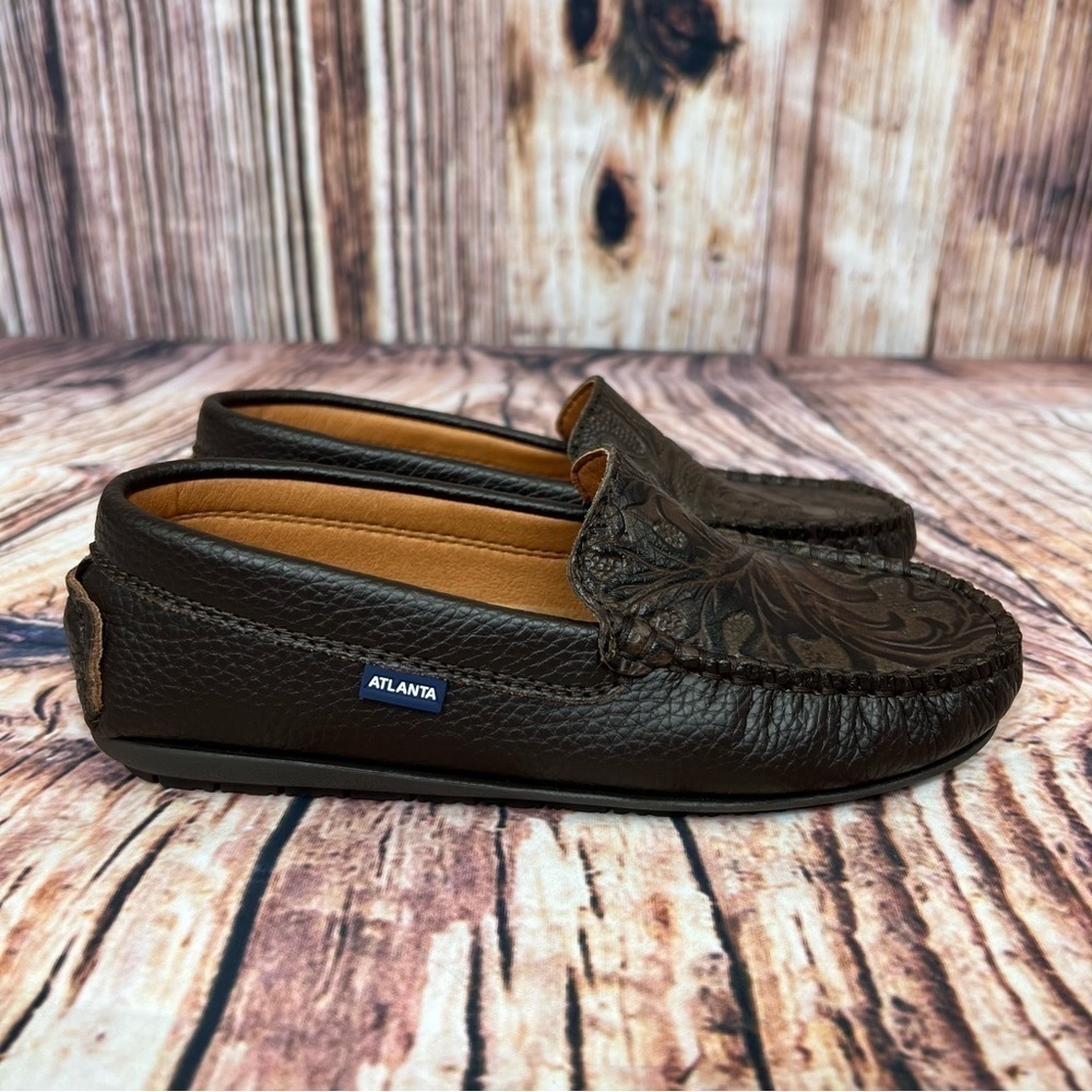 𝅺Atlanta Moccasin Brown Tooled Leather Slip On Shoe New Size 34